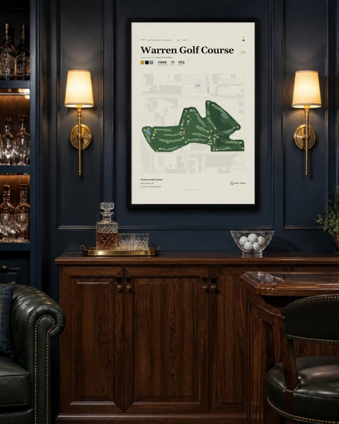 Warren Golf Course golf course print, above a home bar