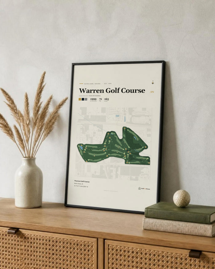 Warren Golf Course golf course print, leaning on a shelf