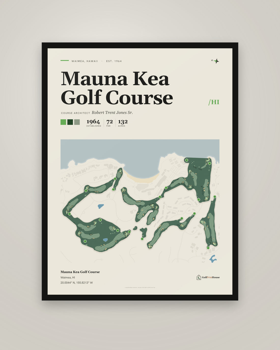 Mauna Kea Golf Course golf course print, framed, on a plain wall