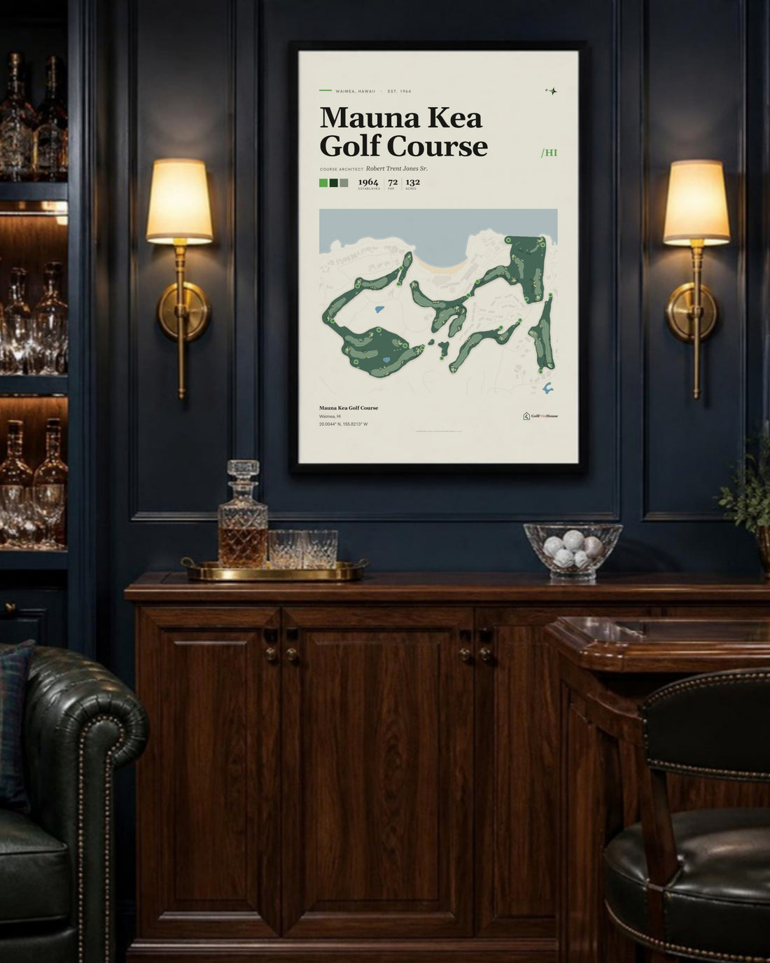 Mauna Kea Golf Course golf course print, above a home bar