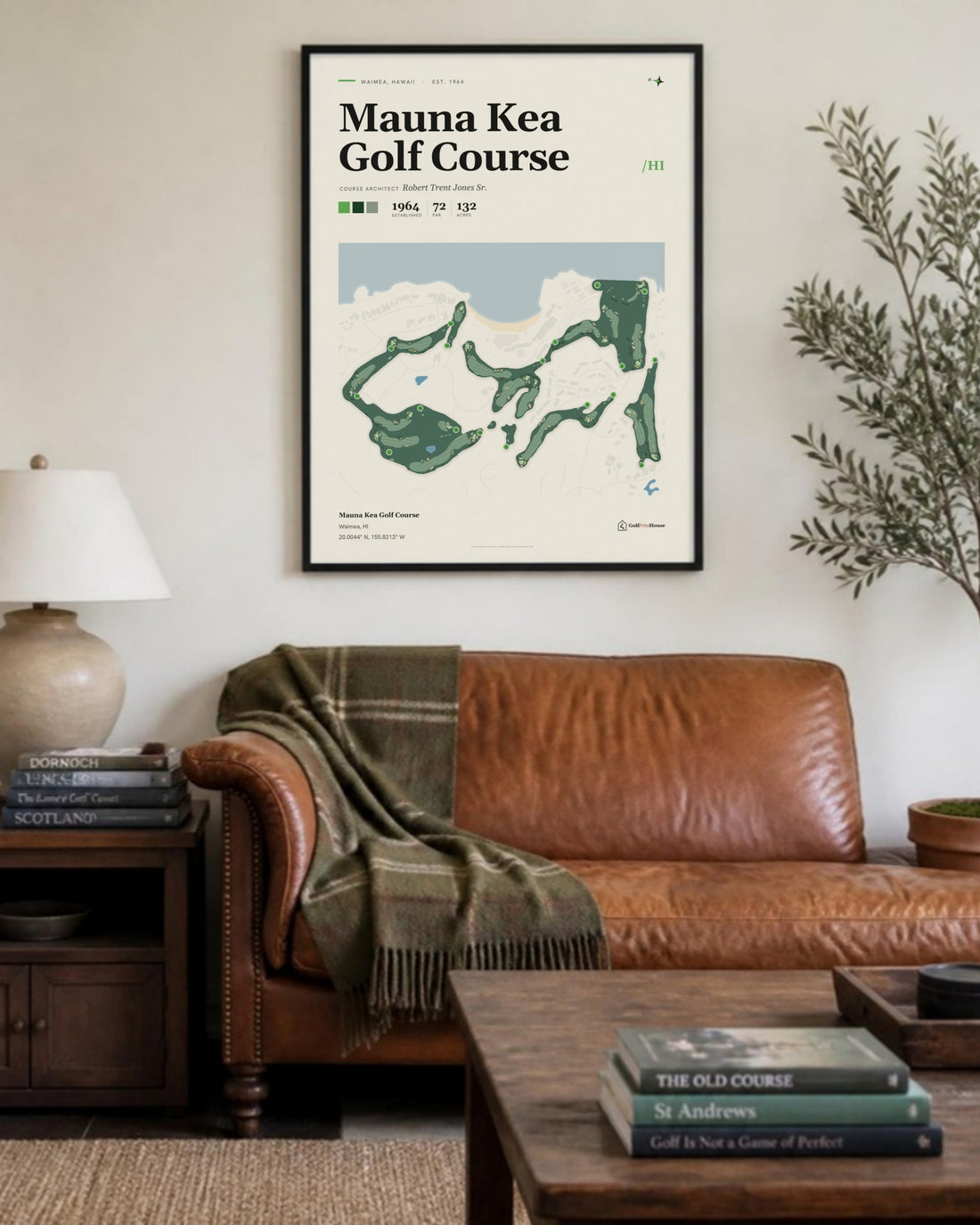 Mauna Kea Golf Course golf course print, above a living room sofa