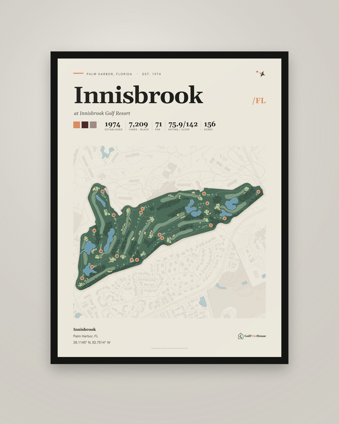 Innisbrook golf course print, framed, on a plain wall
