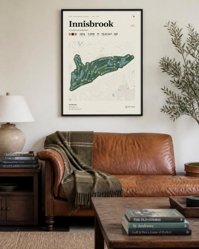 Innisbrook golf course print, above a living room sofa