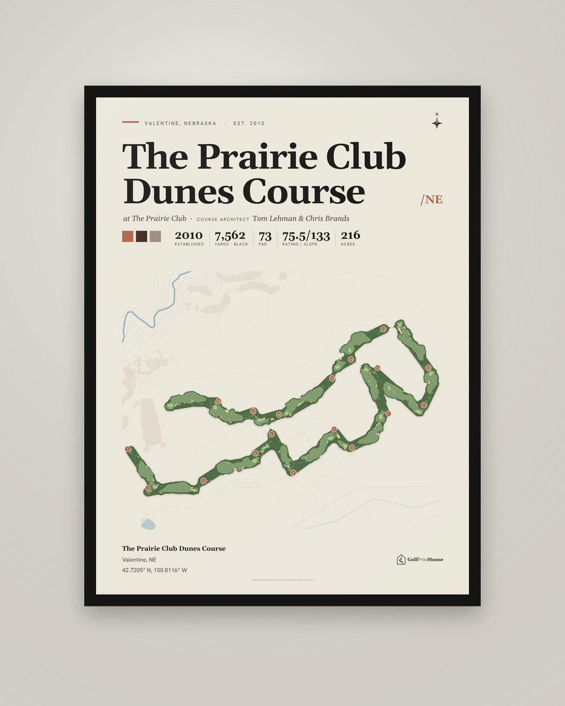 The Prairie Club Dunes Course golf course print, framed, on a plain wall