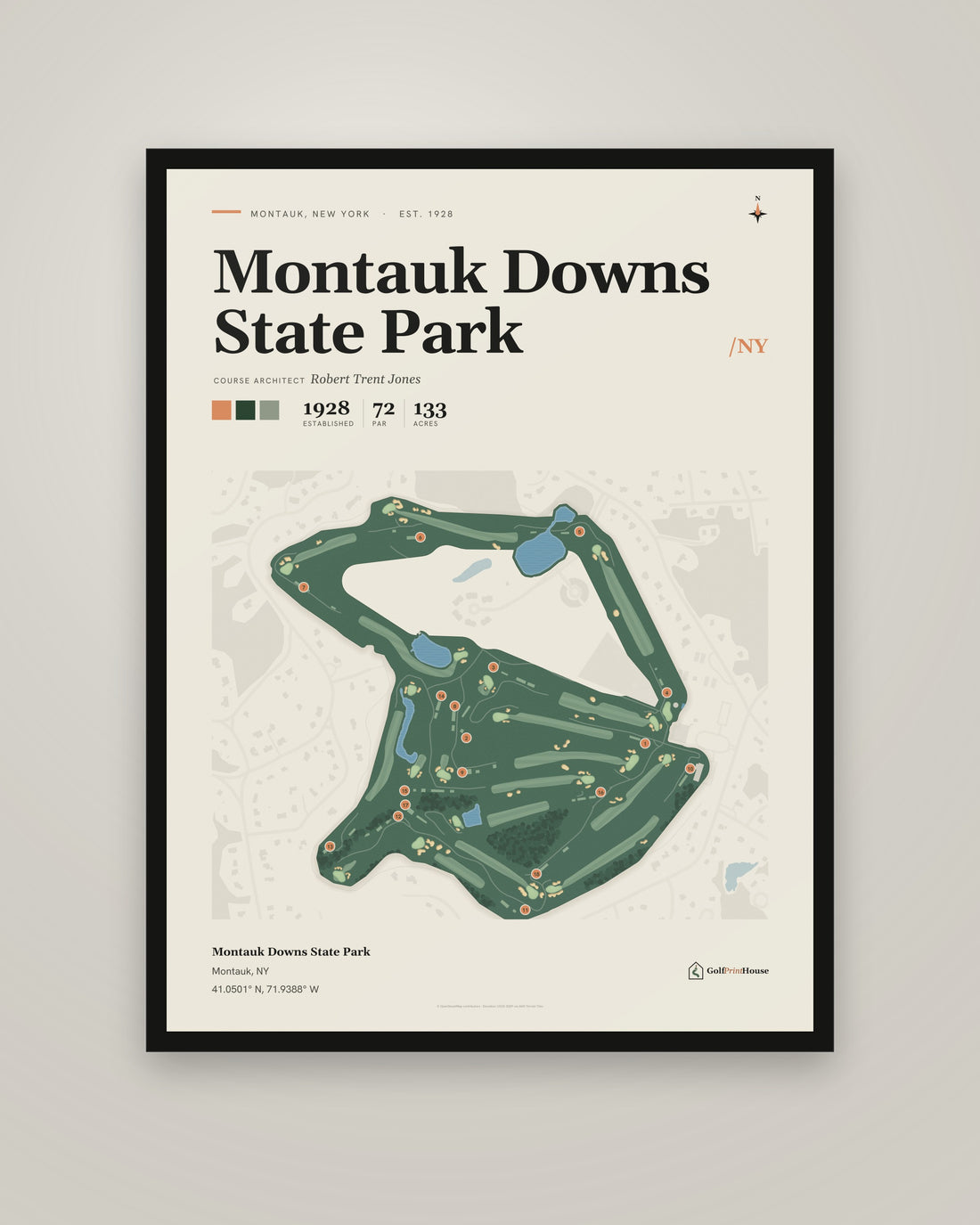 Montauk Downs State Park golf course print, framed, on a plain wall