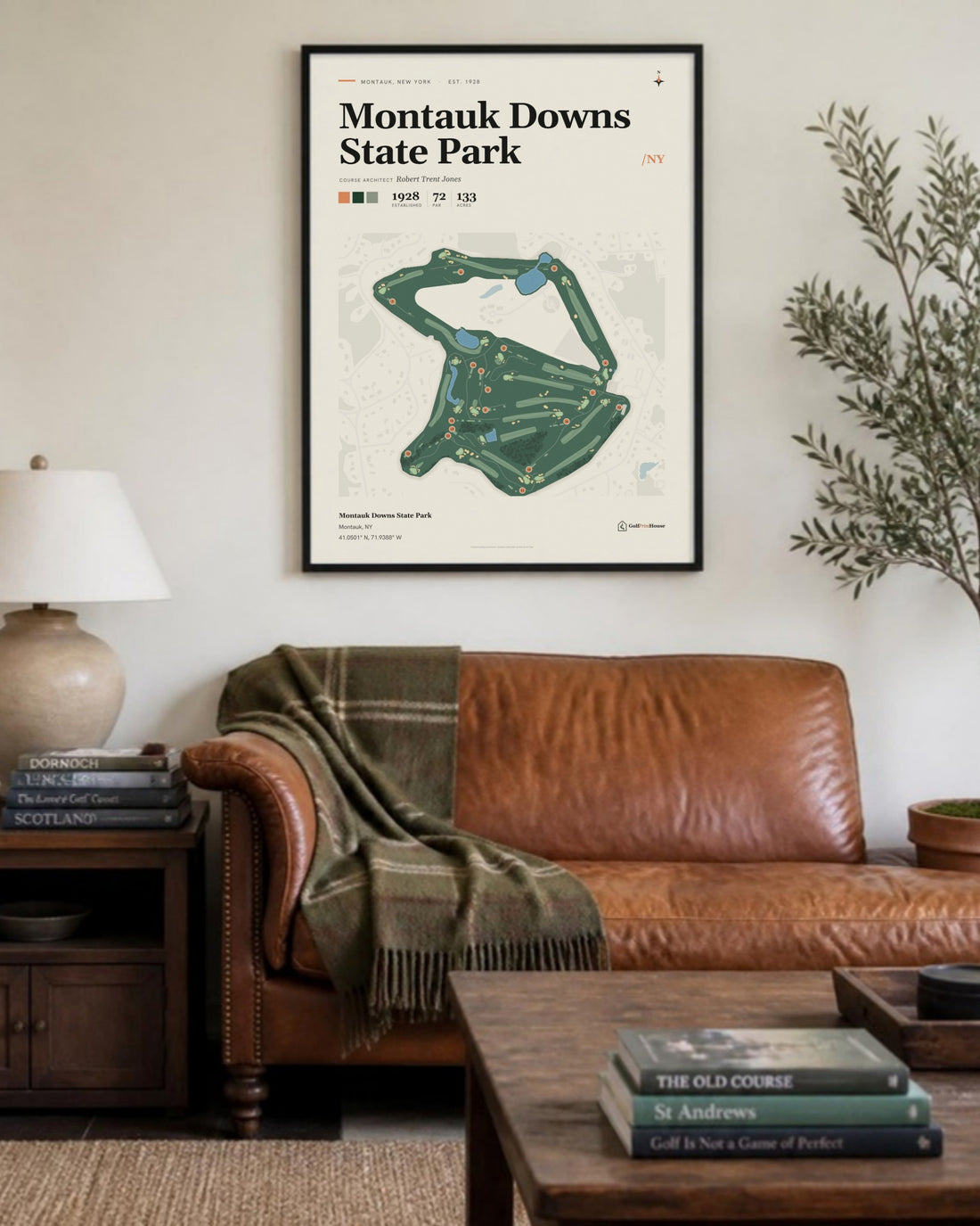 Montauk Downs State Park golf course print, above a living room sofa