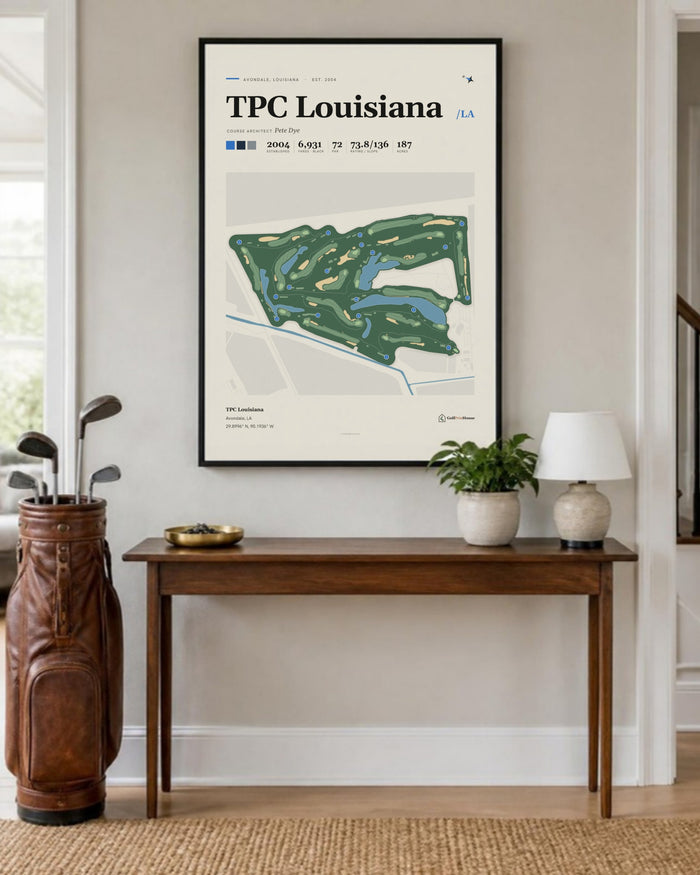 TPC Louisiana golf course print, in an entryway