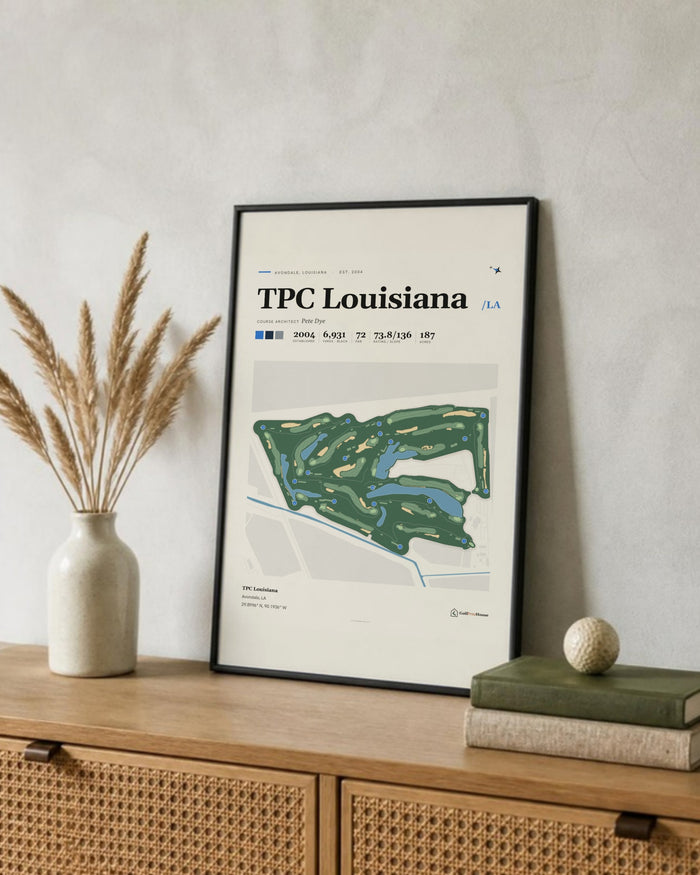 TPC Louisiana golf course print, leaning on a shelf