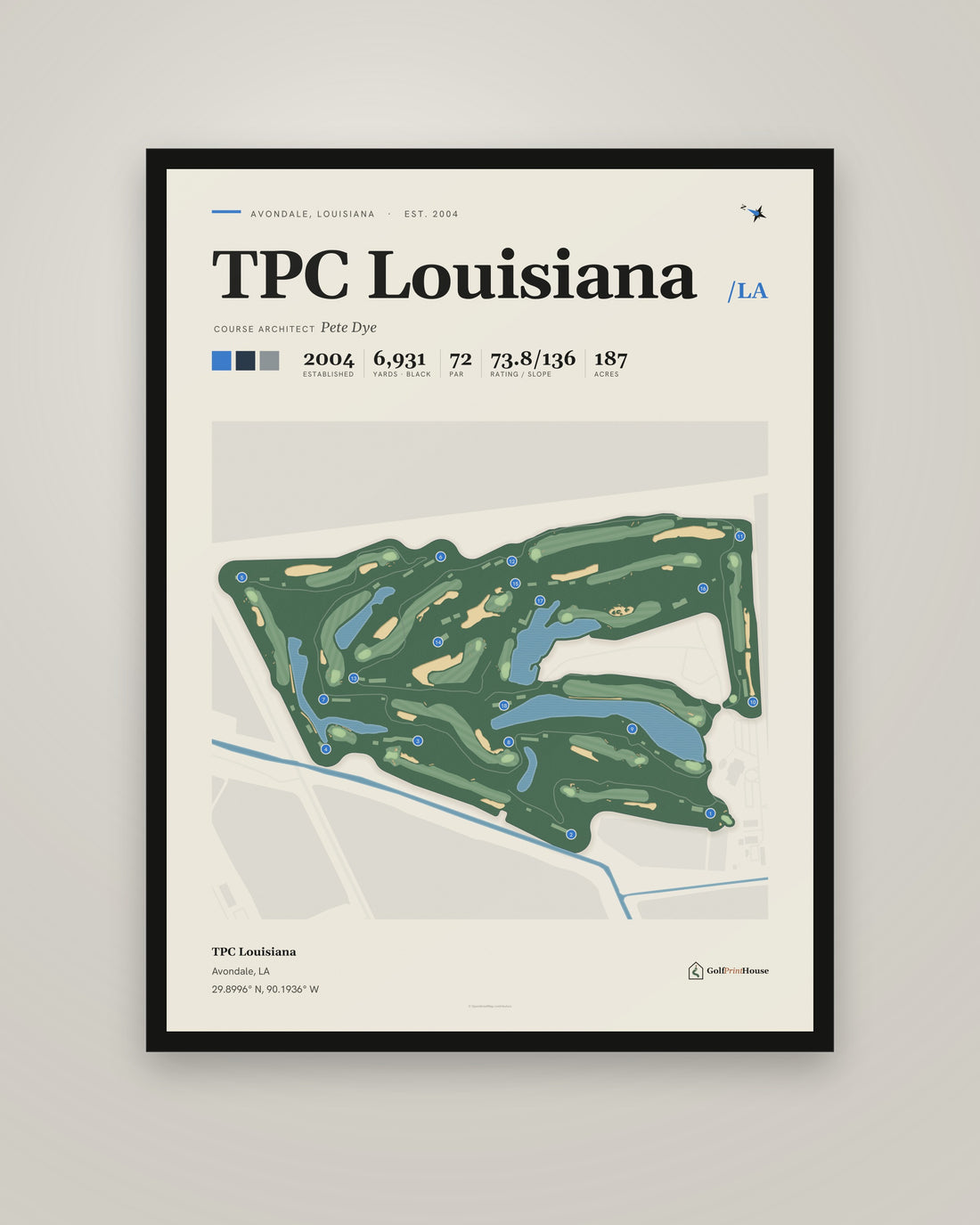 TPC Louisiana golf course print, framed, on a plain wall