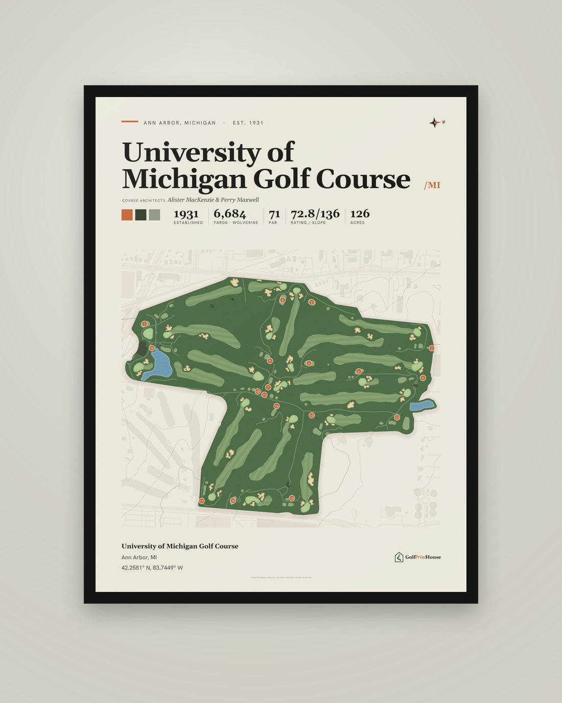 University of Michigan Golf Course golf course print, framed, on a plain wall