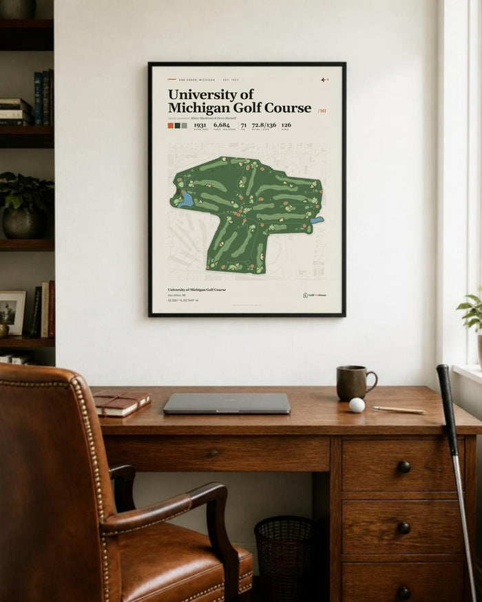 University of Michigan Golf Course golf course print, in a home office