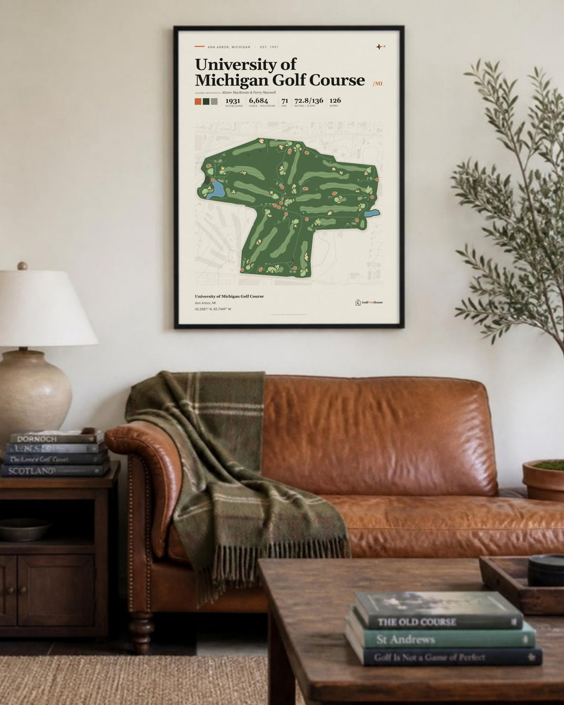 University of Michigan Golf Course golf course print, above a living room sofa