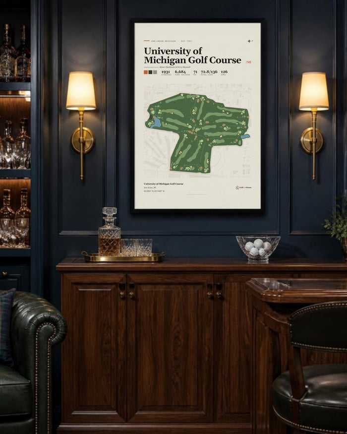 University of Michigan Golf Course golf course print, above a home bar