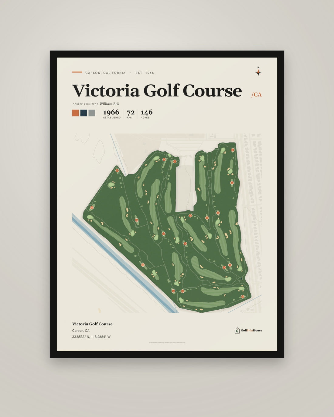 Victoria Golf Course golf course print, framed, on a plain wall