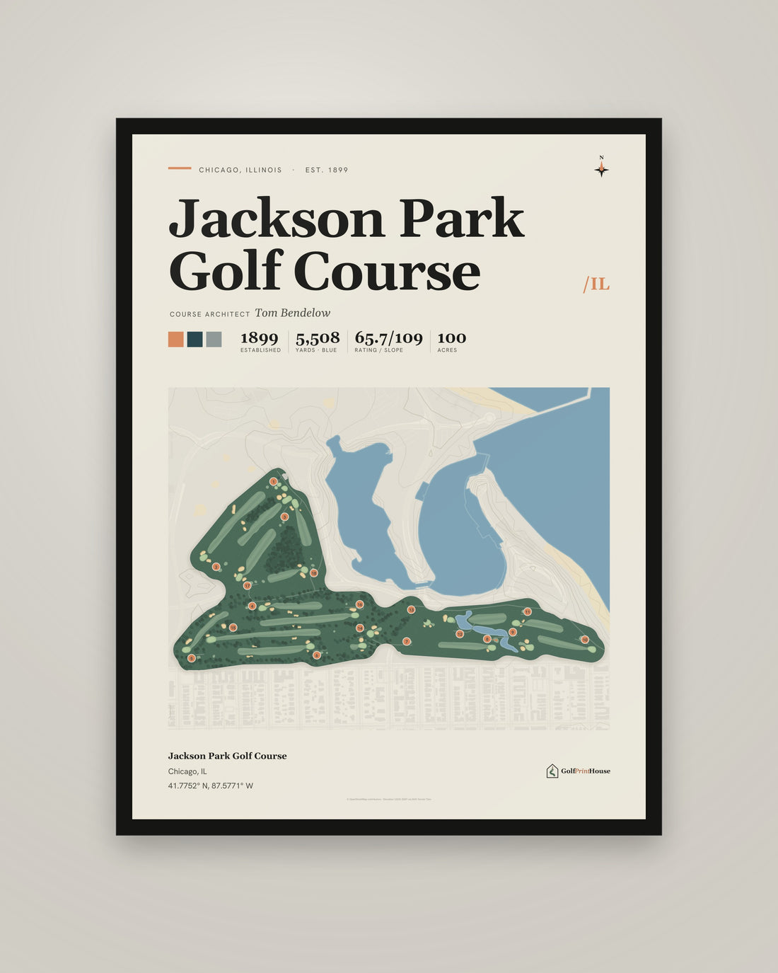 Jackson Park Golf Course golf course print, framed, on a plain wall