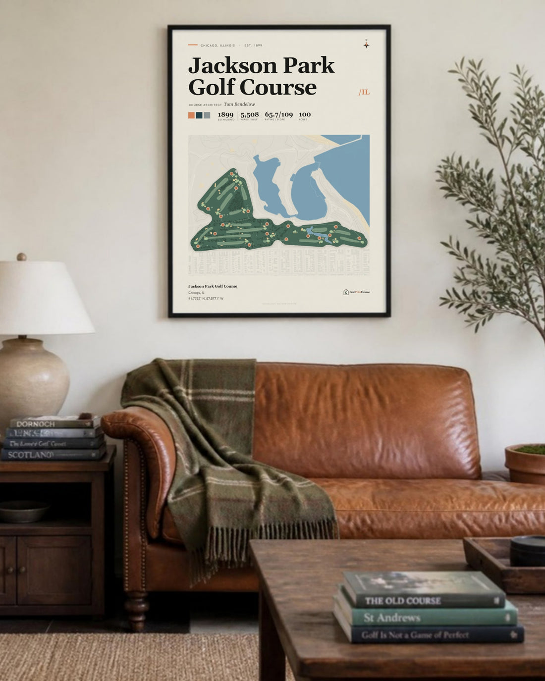Jackson Park Golf Course golf course print, above a living room sofa