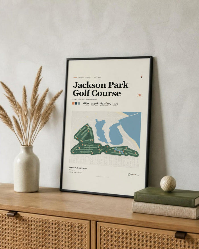 Jackson Park Golf Course golf course print, leaning on a shelf
