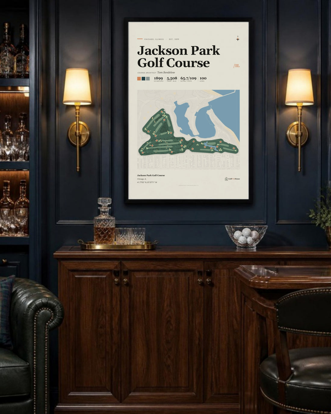 Jackson Park Golf Course golf course print, above a home bar