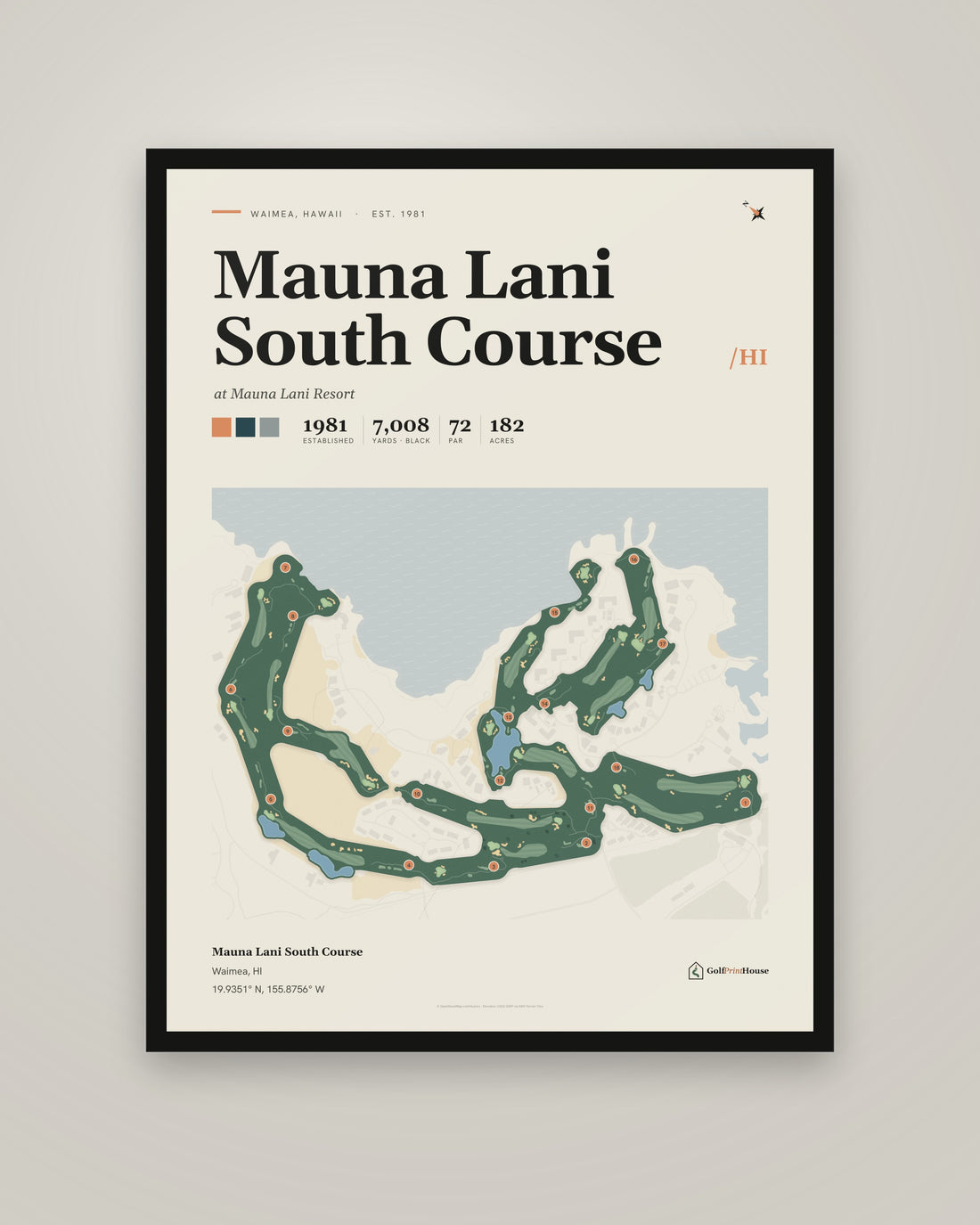 Mauna Lani South Course golf course print, framed, on a plain wall