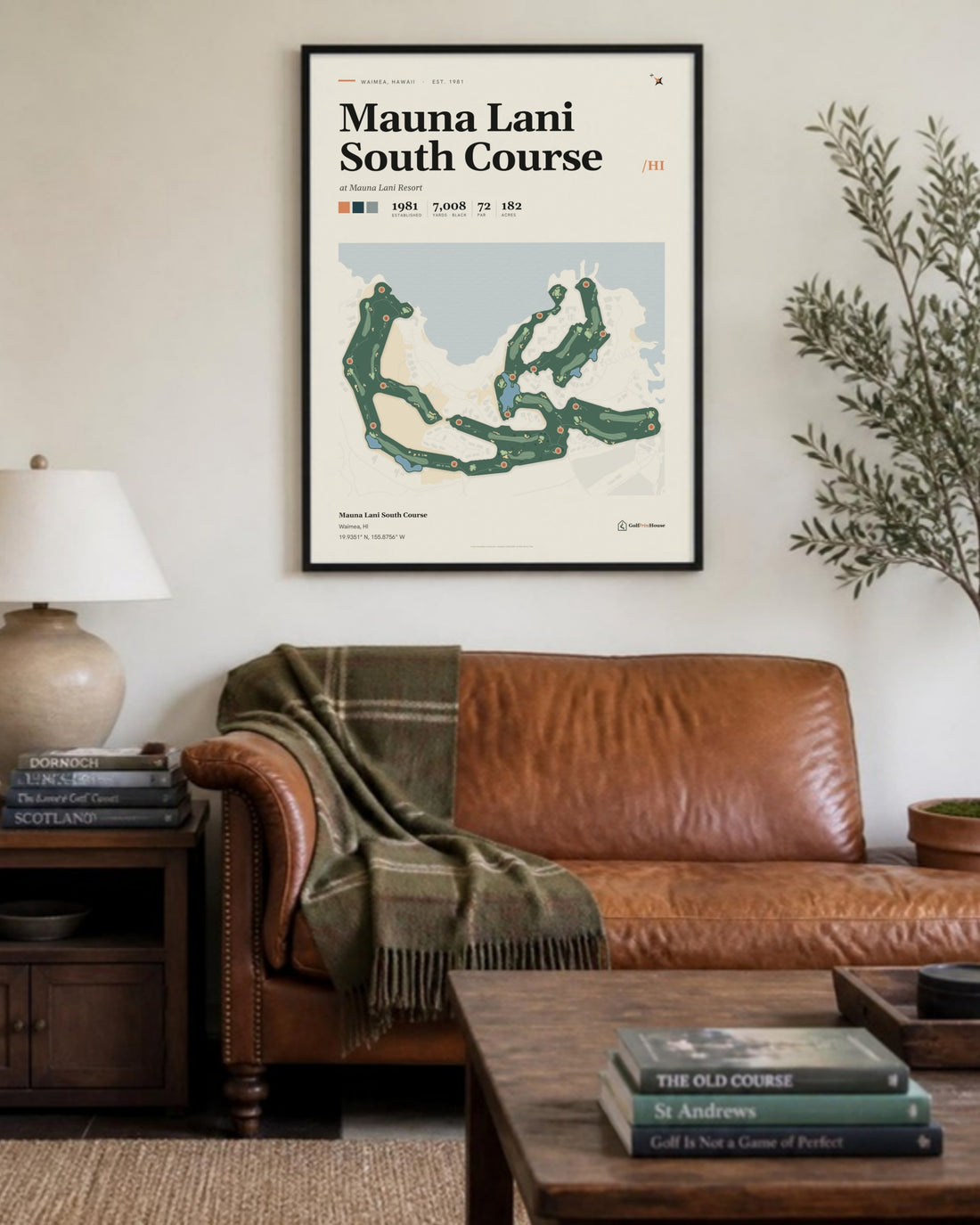 Mauna Lani South Course golf course print, above a living room sofa