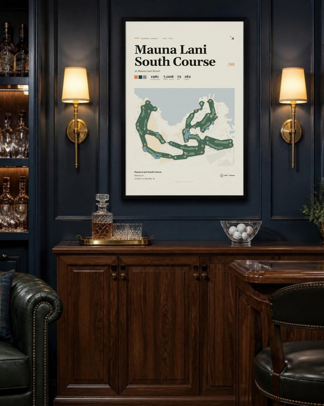 Mauna Lani South Course golf course print, above a home bar