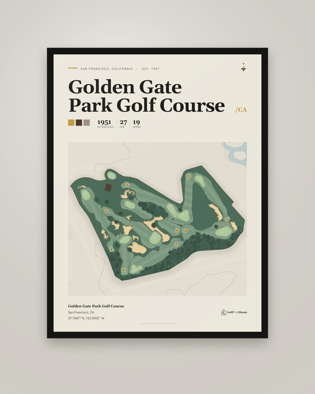 Golden Gate Park Golf Course golf course print, framed, on a plain wall