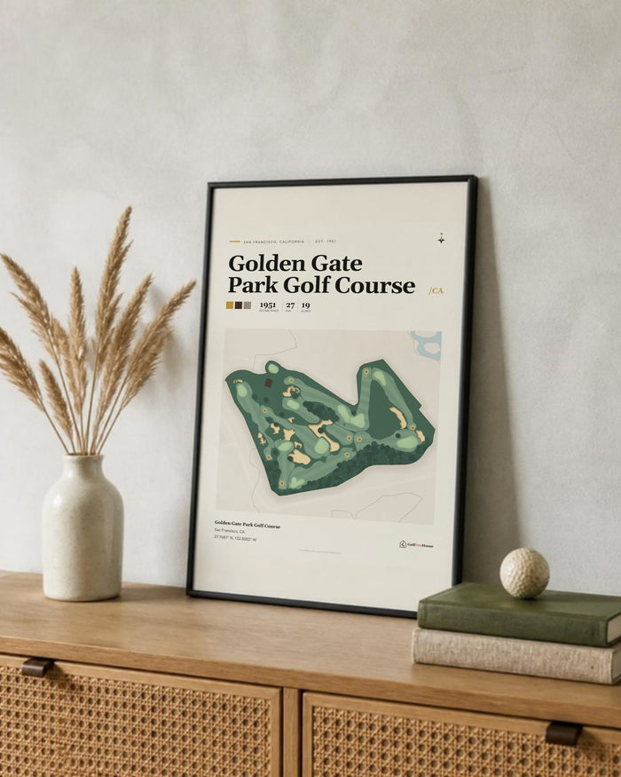 Golden Gate Park Golf Course golf course print, leaning on a shelf