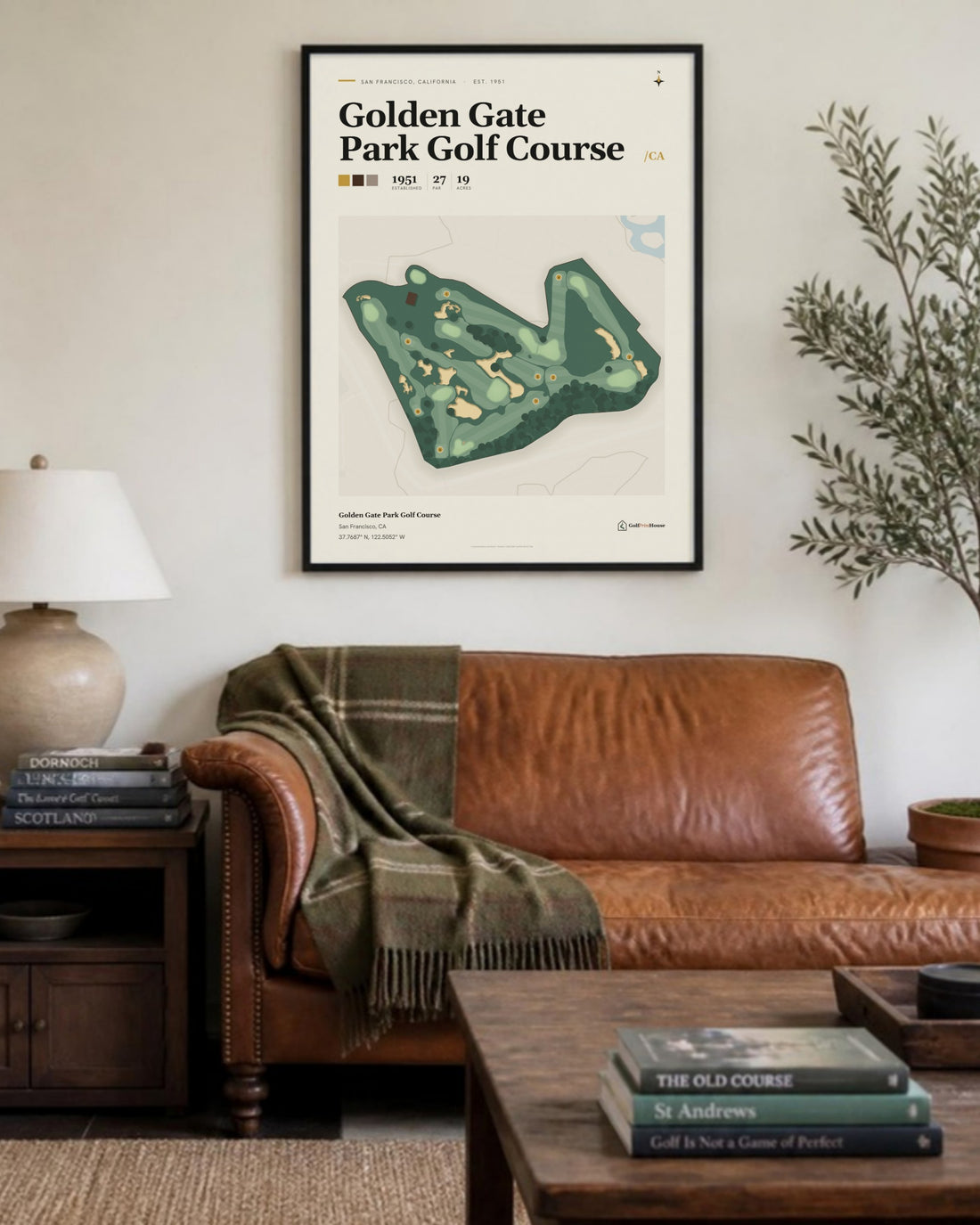 Golden Gate Park Golf Course golf course print, above a living room sofa