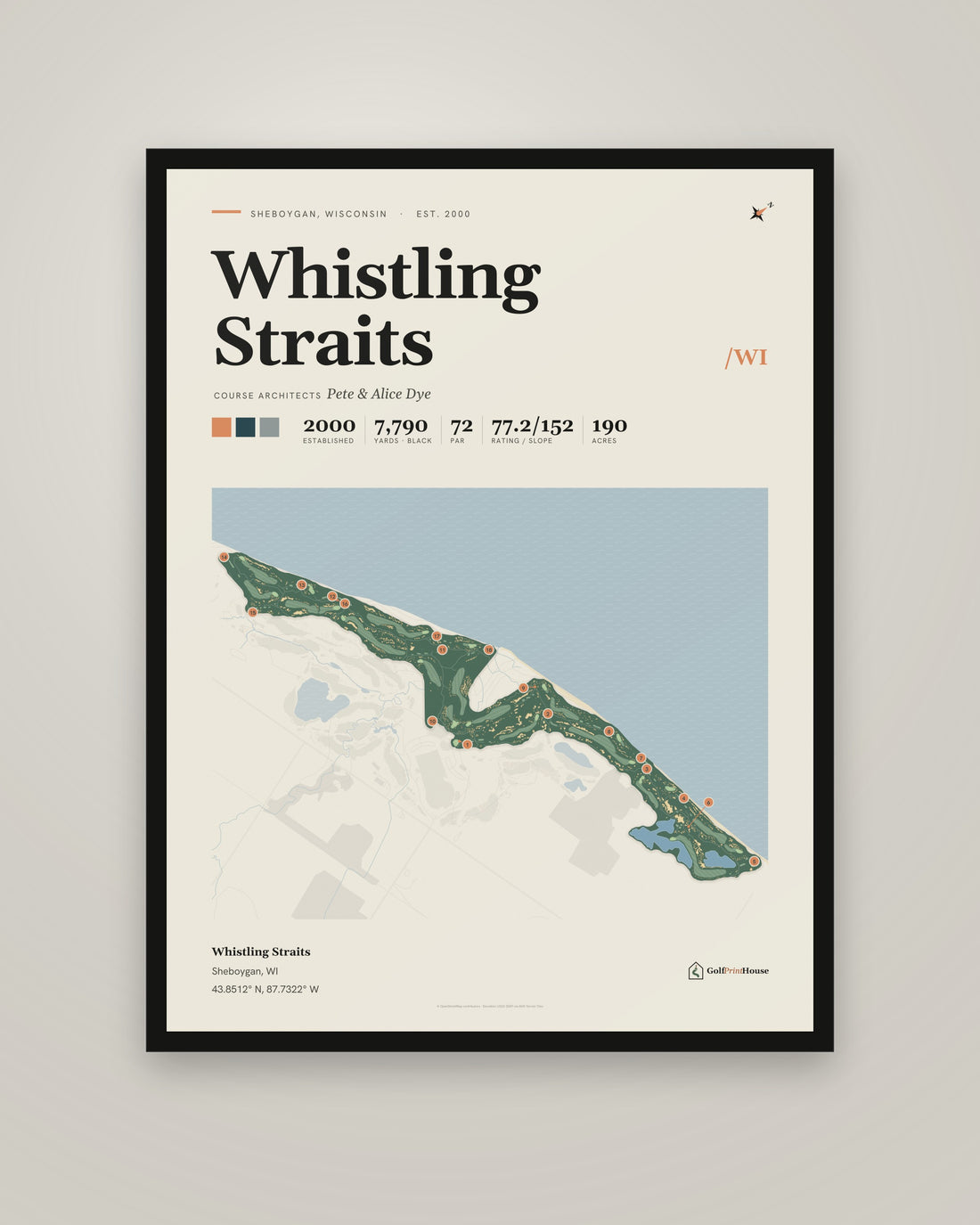 Whistling Straits Print | Sheboygan Golf Course Map Poster | Mid Century Golf Wall Art