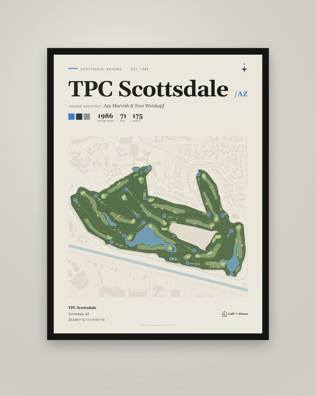 TPC Scottsdale Print | Scottsdale Golf Course Map Poster | Mid Century Golf Wall Art