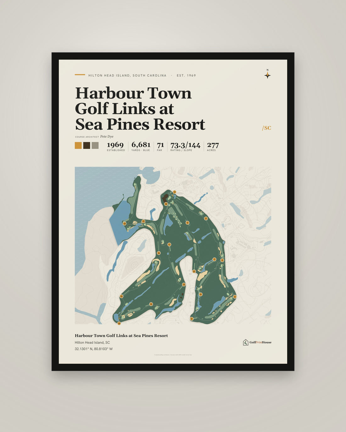 Harbour Town Golf Links at Sea Pines Resort Framed Print | Hilton Head Island Golf Course Map | Ready to Hang Mid Century Golf Wall Art