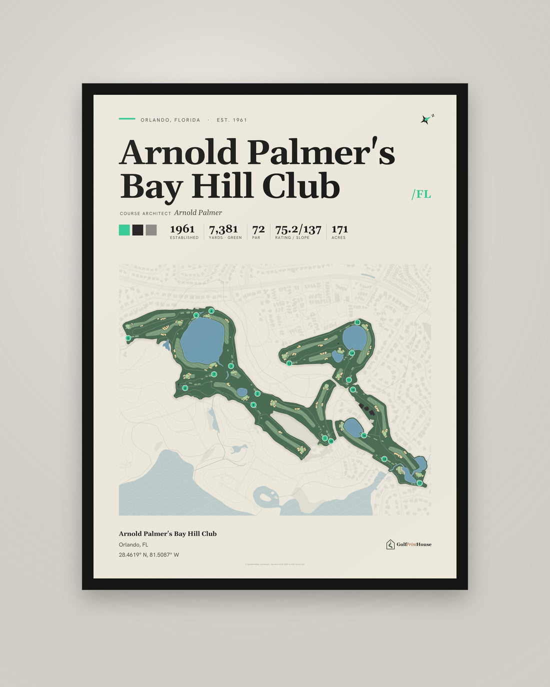 Arnold Palmer's Bay Hill Club Print | Orlando Golf Course Map Poster | Mid Century Golf Wall Art