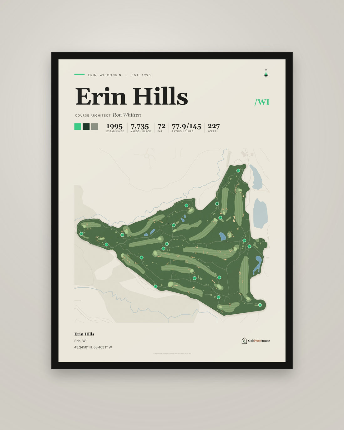 Erin Hills Framed Print | Erin Golf Course Map | Ready to Hang Mid Century Golf Wall Art