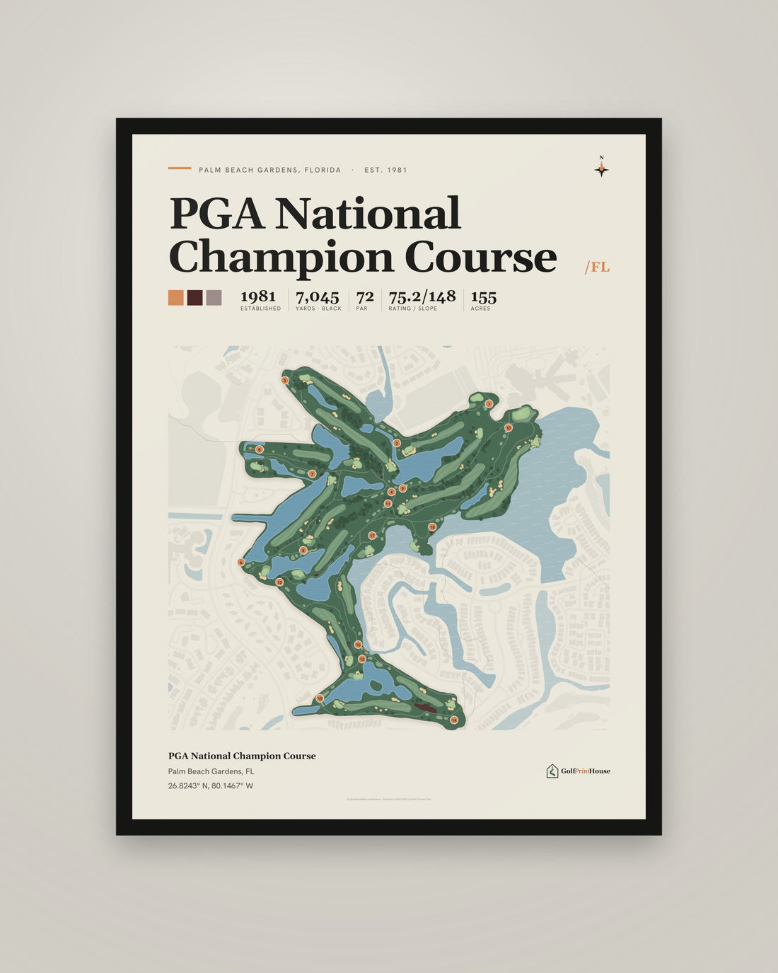 PGA National Champion Course Print | Palm Beach Gardens Golf Course Map Poster | Mid Century Golf Wall Art