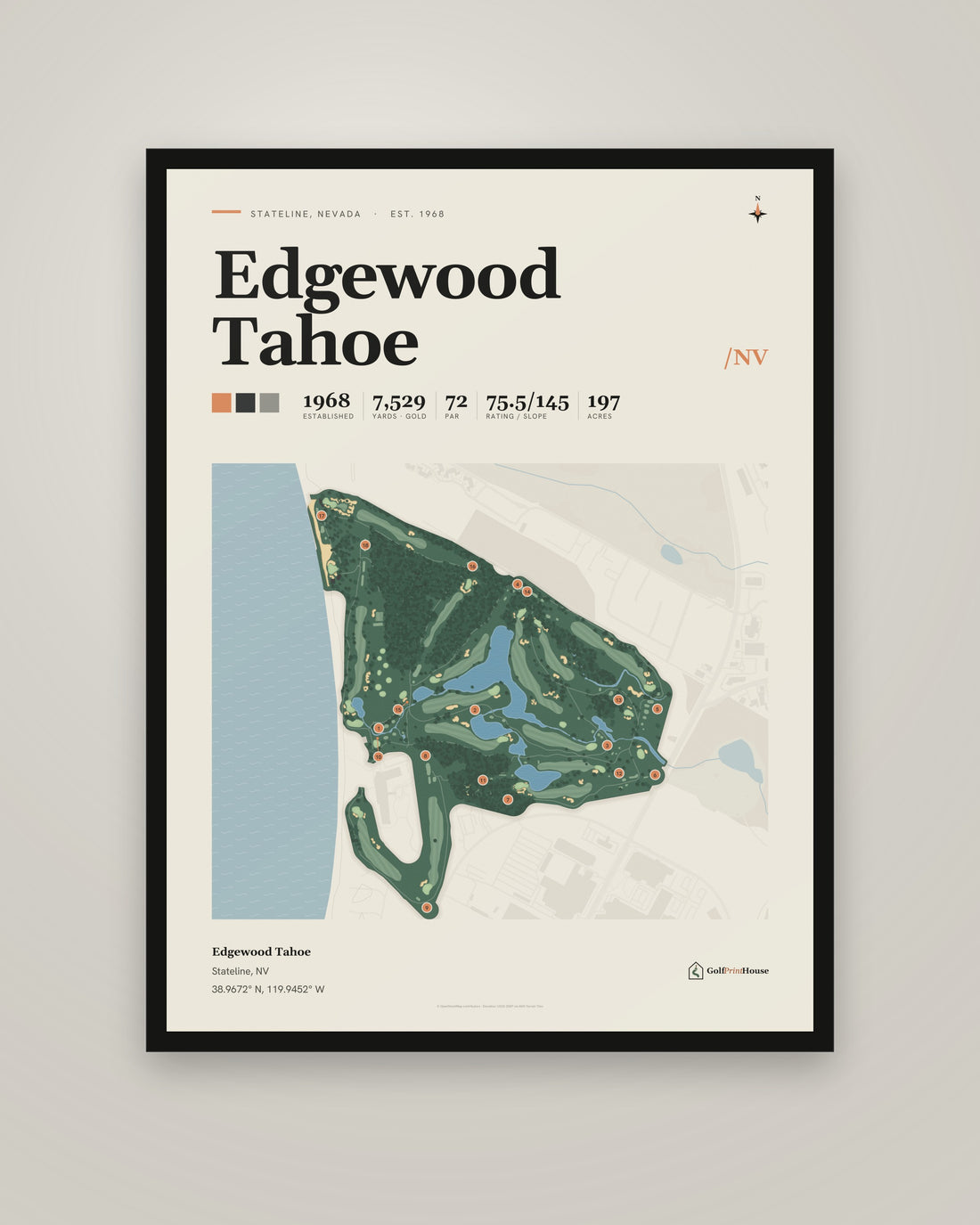 Edgewood Tahoe Framed Print | Stateline Golf Course Map | Ready to Hang Mid Century Golf Wall Art
