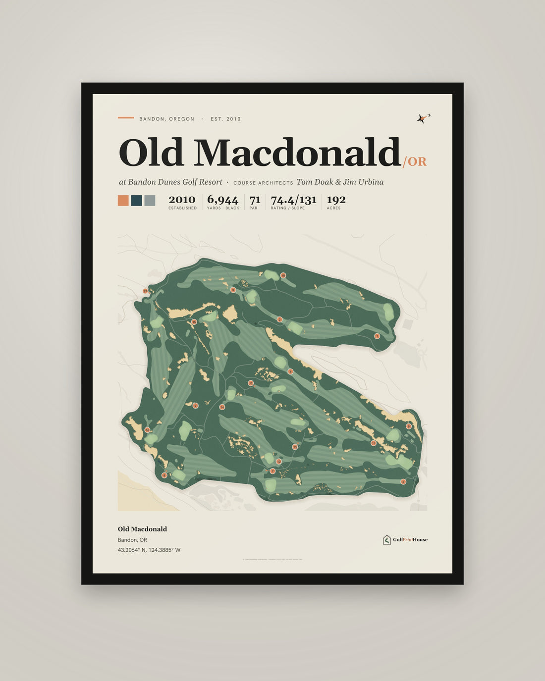 Old Macdonald Print | Bandon Golf Course Map Poster | Mid Century Golf Wall Art