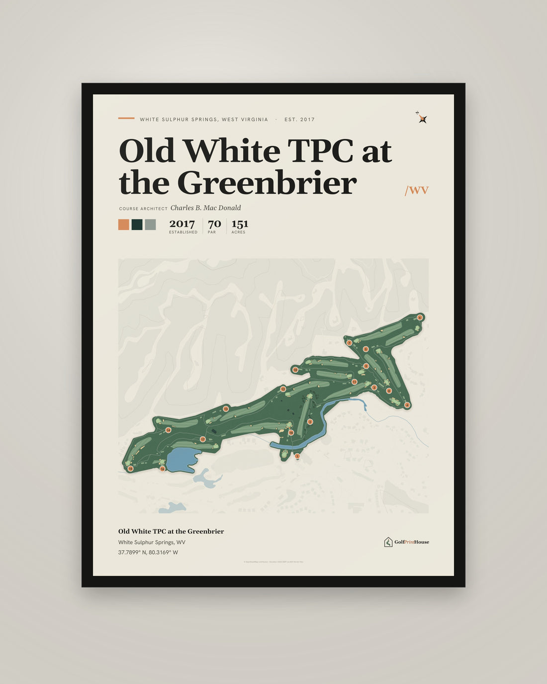 Old White TPC at the Greenbrier Print | White Sulphur Springs Golf Course Map Poster | Mid Century Golf Wall Art