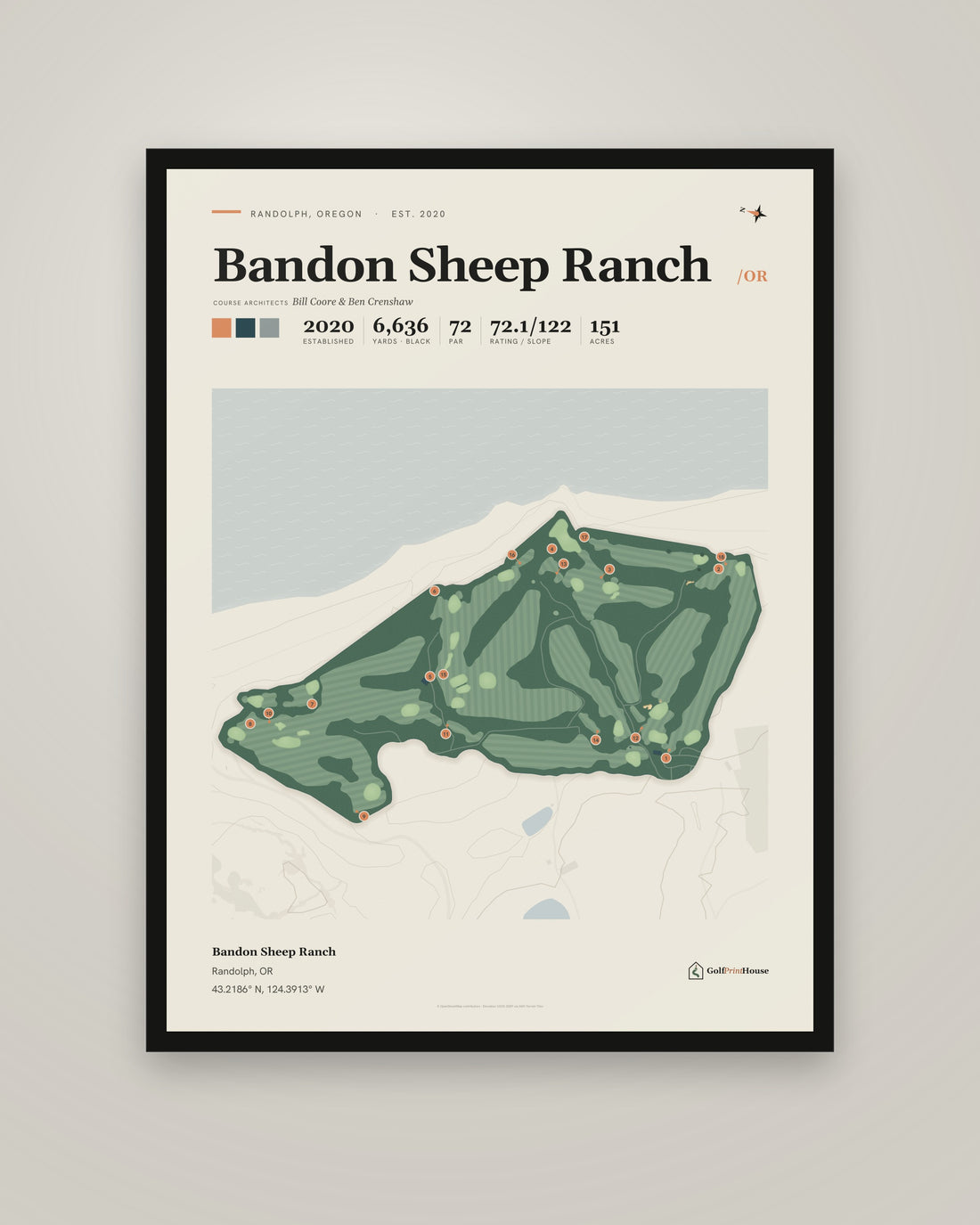Bandon Sheep Ranch Framed Print | Randolph Golf Course Map | Ready to Hang Mid Century Golf Wall Art