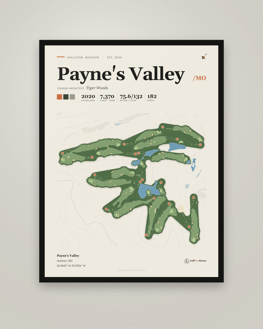 Payne's Valley Print | Hollister Golf Course Map Poster | Mid Century Golf Wall Art
