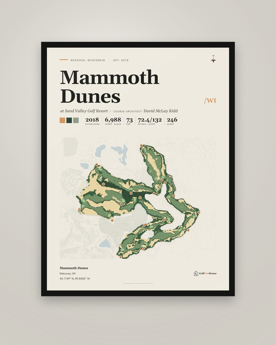 Mammoth Dunes Framed Print | Nekoosa Golf Course Map | Ready to Hang Mid Century Golf Wall Art
