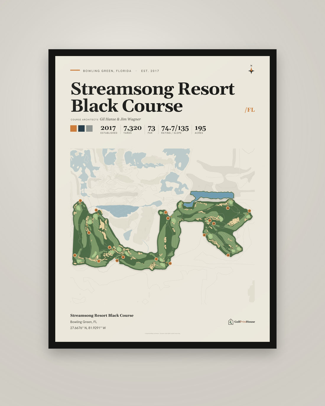 Streamsong Resort Black Course Framed Print | Bowling Green Golf Course Map | Ready to Hang Mid Century Golf Wall Art