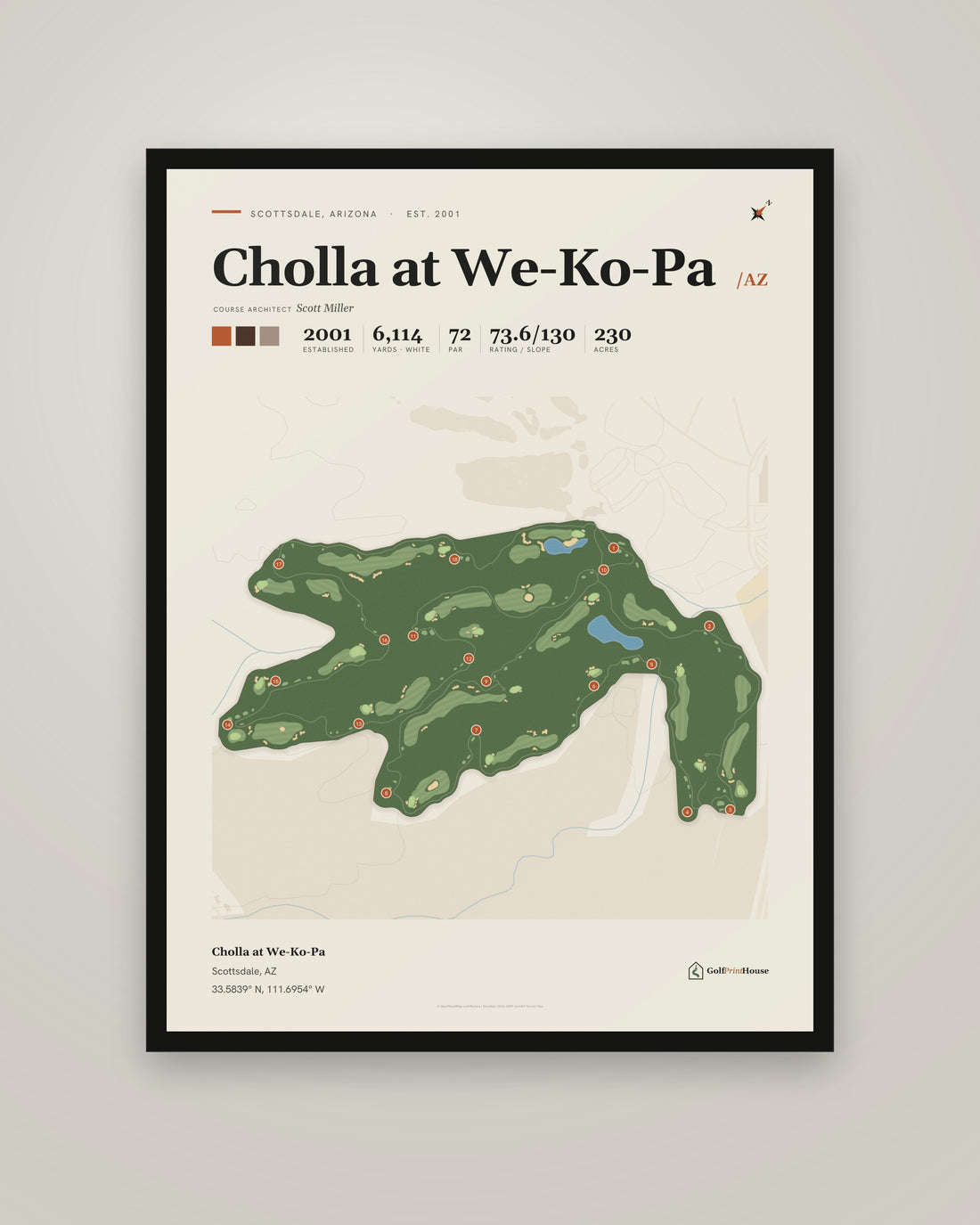Cholla at We-Ko-Pa Framed Print | Scottsdale Golf Course Map | Ready to Hang Mid Century Golf Wall Art
