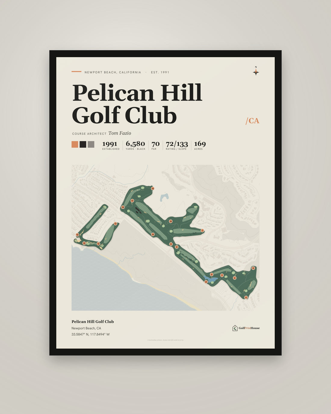 Pelican Hill Golf Club Print | Newport Beach Golf Course Map Poster | Mid Century Golf Wall Art