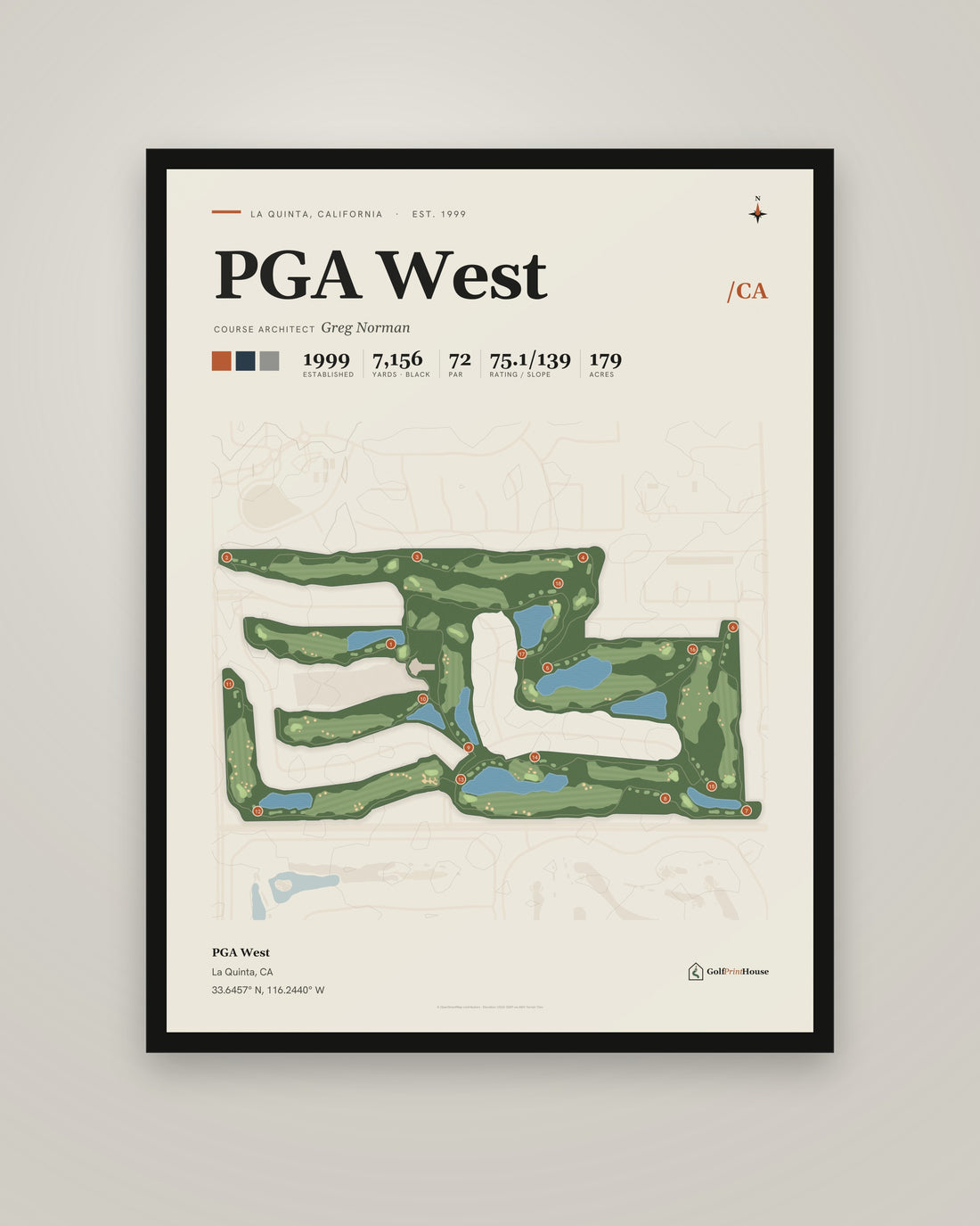PGA West Print | La Quinta Golf Course Map Poster | Mid Century Golf Wall Art