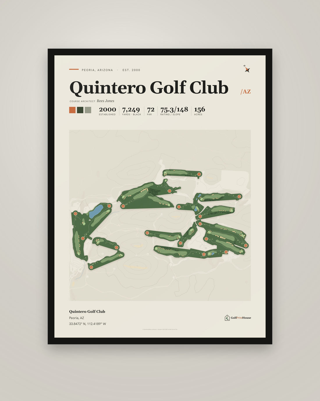 Quintero Golf Club Framed Print | Peoria Golf Course Map | Ready to Hang Mid Century Golf Wall Art