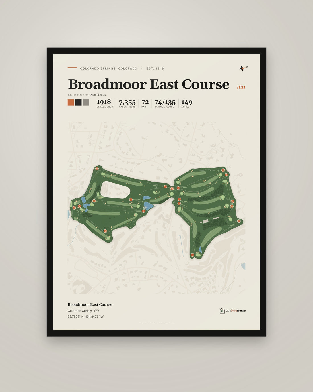 Broadmoor East Course Print | Colorado Springs Golf Course Map Poster | Mid Century Golf Wall Art