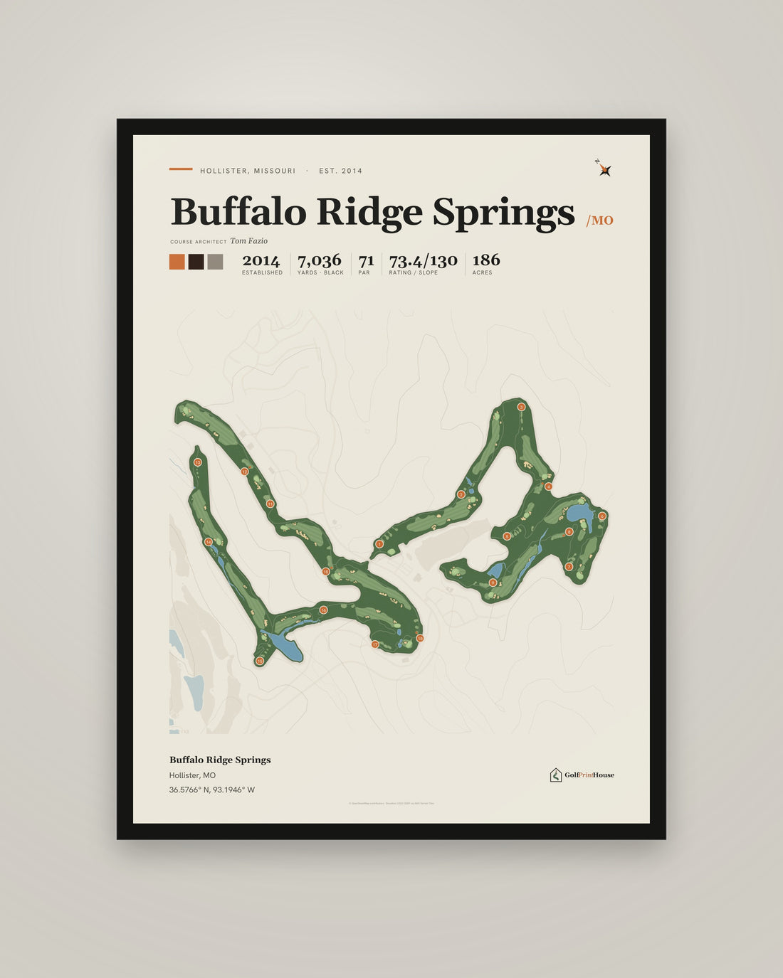 Buffalo Ridge Springs Framed Print | Hollister Golf Course Map | Ready to Hang Mid Century Golf Wall Art