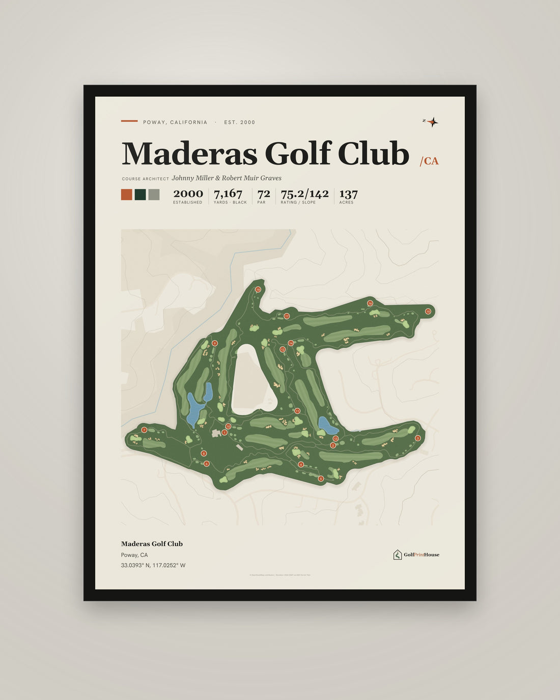 Maderas Golf Club Framed Print | Poway Golf Course Map | Ready to Hang Mid Century Golf Wall Art