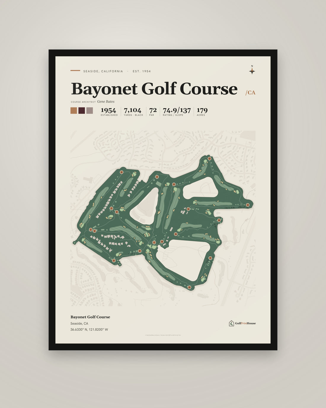 Bayonet Golf Course Framed Print | Seaside Golf Course Map | Ready to Hang Mid Century Golf Wall Art