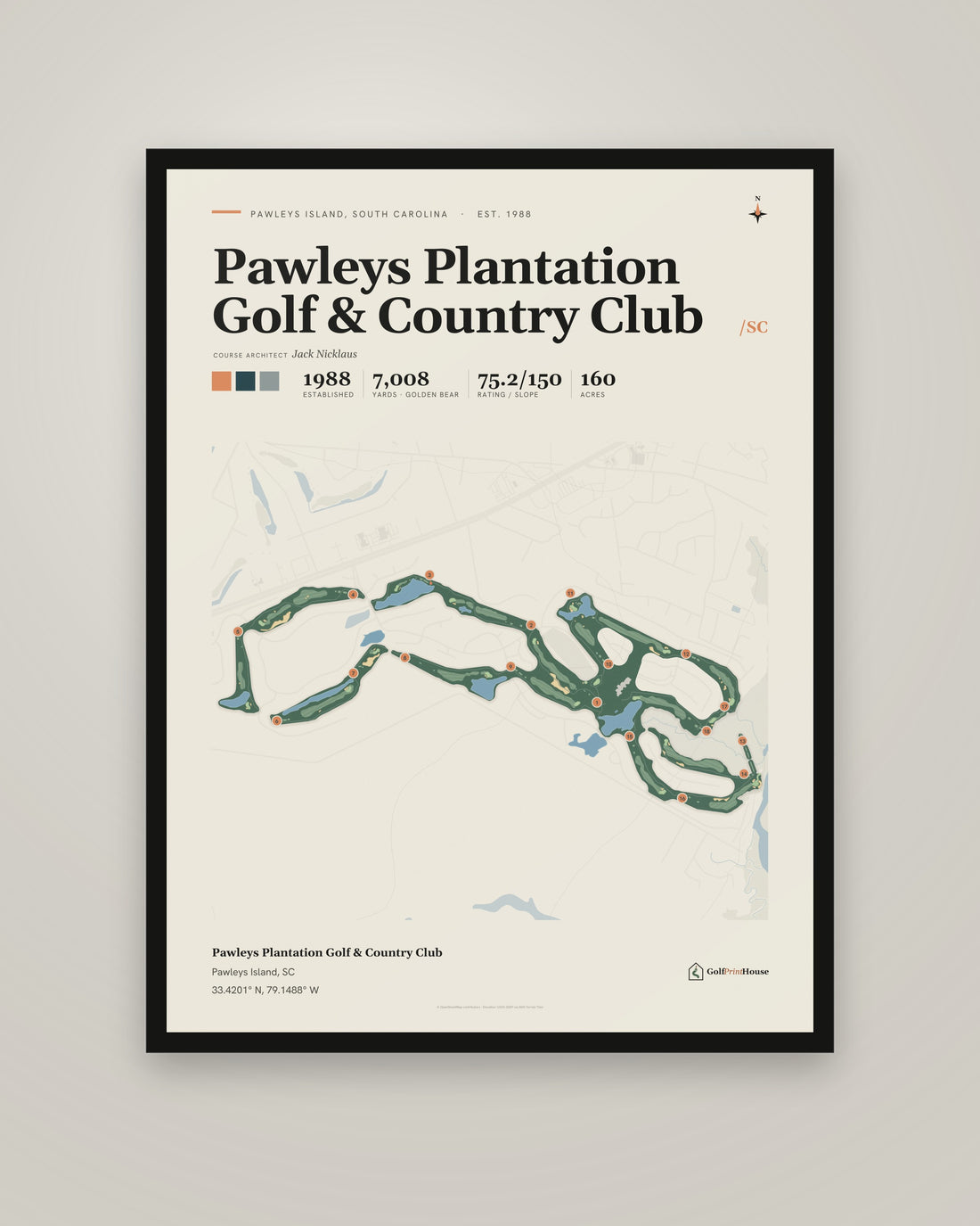 Pawleys Plantation Golf & Country Club golf course print, framed, on a plain wall